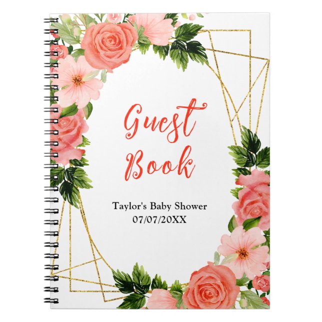 Carnet Coral Pink Red Roses Floral Baby Shower Guest Book (Devant)
