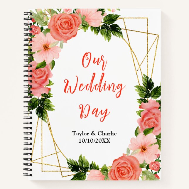 Carnet Coral Pink Red Roses Floral Wedding Planner (Devant)
