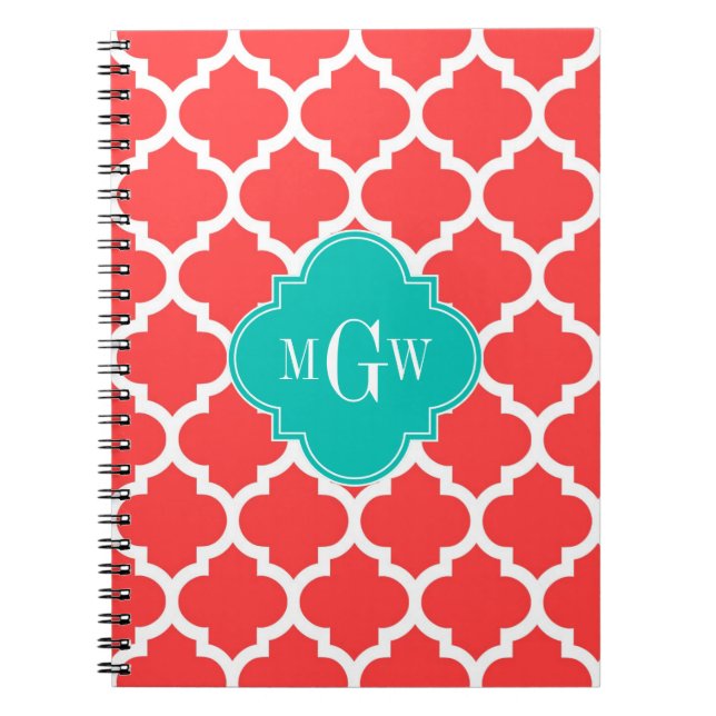 Carnet Coral Red Wht Moroccan #5 Teal 3 Initial Monogram (Devant)