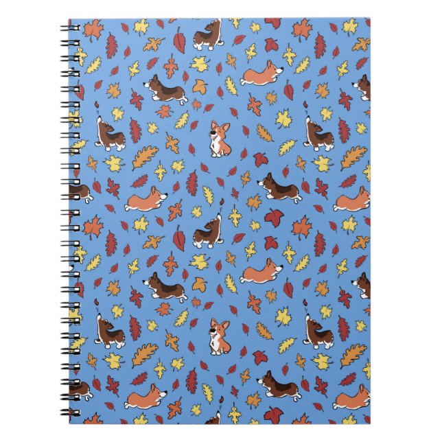 Carnet Corgi Fall Leaves Blue Plain Notebook (Devant)