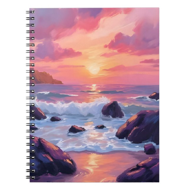 Carnet Coucher de soleil corail rose | Aquarelle vagues o (Devant)