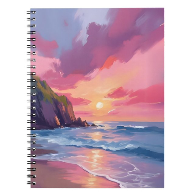 Carnet Coucher de soleil rose Océan Plage Vagues Aquarell (Devant)
