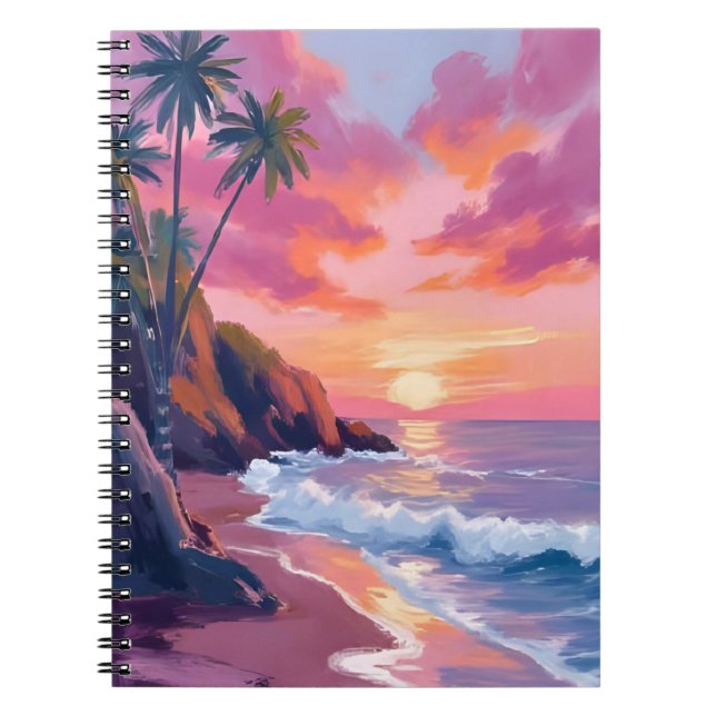 Carnet Coucher de soleil rose tropical océan aquarelle (Devant)