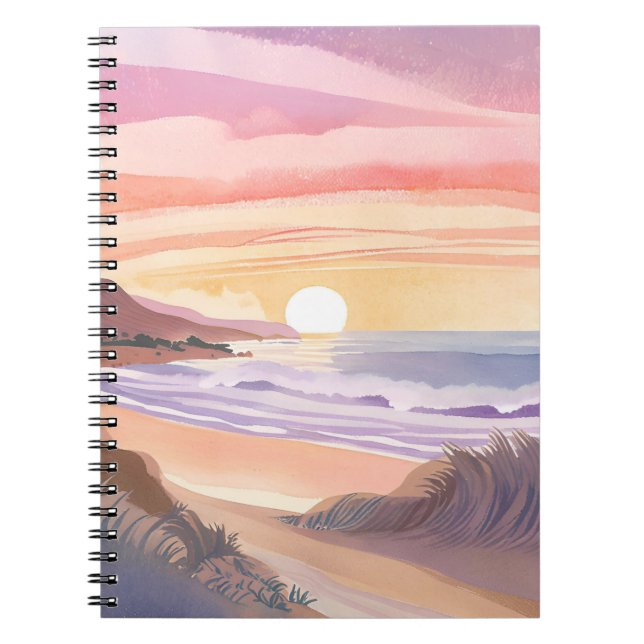 Carnet Coucher de soleil sur la mer rose | Peinture aquar (Devant)