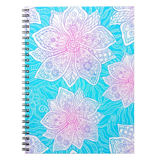 Carnet Couleurs bleues et roses ornementent fleurs transp (Devant)