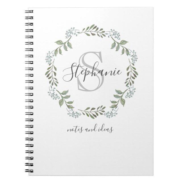 Carnet Couronne botanique de verdure sage avec monogramme (Devant)