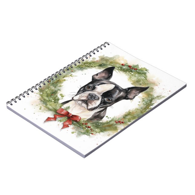 Carnet Couronne de Noël de Boston Terrier festive toutou  (Côté gauche)