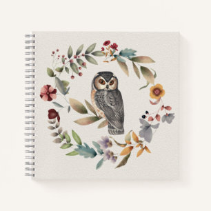 Carnet Couronne florale de hibou à l'aquarelle