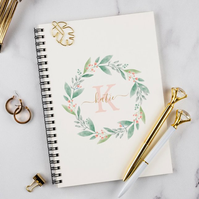 Carnet Couronne florale monogramme aquarelle rose (Créateur téléchargé)