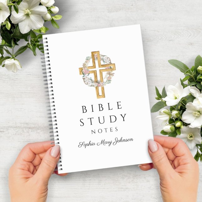 Carnet Couronne florale personnalisée Croix religieuse (Personalized Floral Wreath Religious Cross Notebook)