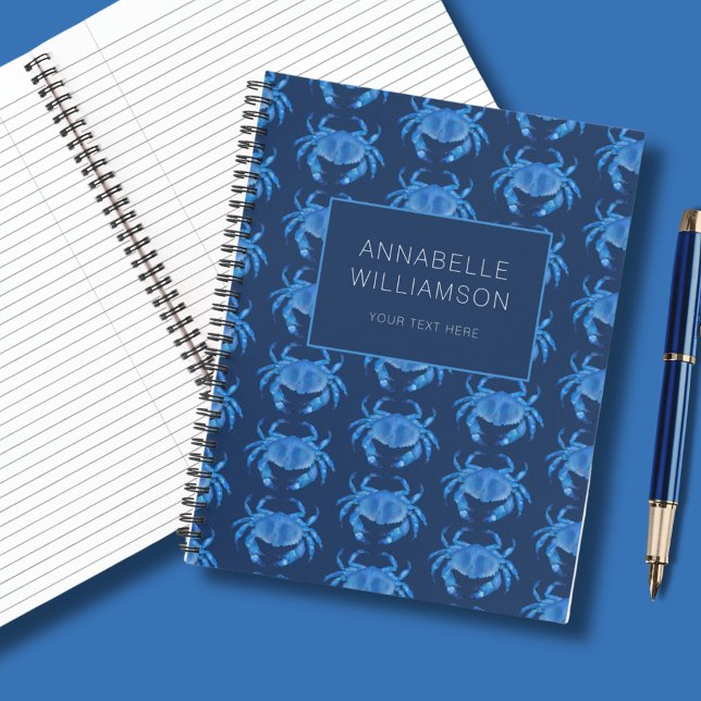 Carnet Crabe Bleu motif Océan (Blue crab personalized notebook. Matching products and other colors available.)