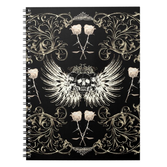 Carnet Crâne à ailes et roses blanches de romance gothiqu (Devant)