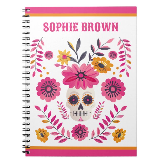 Carnet Crâne à sucre rose Floral mexicain Motif personnal (Devant)