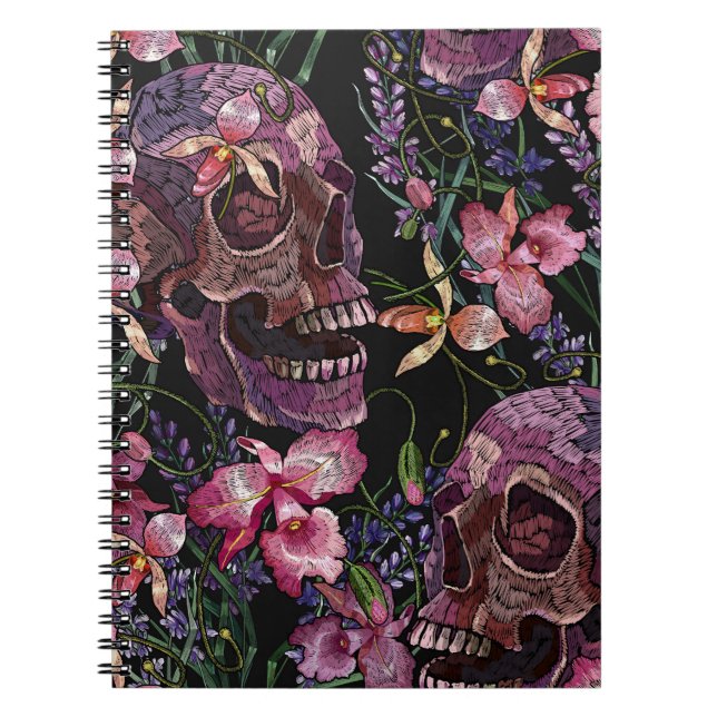 Carnet Crâne brodé : Motif gothique de l'orchidée (Devant)
