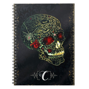 Carnet Crâne de araignée orné de bijoux et roses filigran