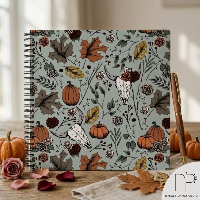 Carnet Crâne de vache de la récolte d'automne occidental (Hand drawn western fall harvest and cow skull ink art notebook for sketching or daily journaling)