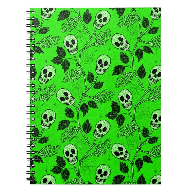 Carnet Crâne Floral Vert Néon Gothique  (Devant)