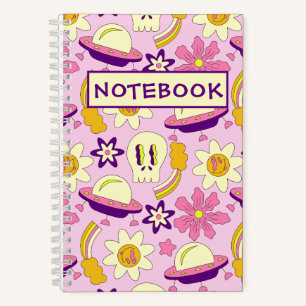 Carnet Crâne rétro cool, fleurs et ovnis