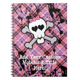 Carnet Crâne rose et os croisés avec les coeurs et l'arc