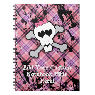 Carnet Crâne rose et os croisés avec les coeurs et l'arc