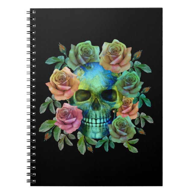 CARNET CRÂNE VERT DE LA MORT AVEC FLEURS (Devant)