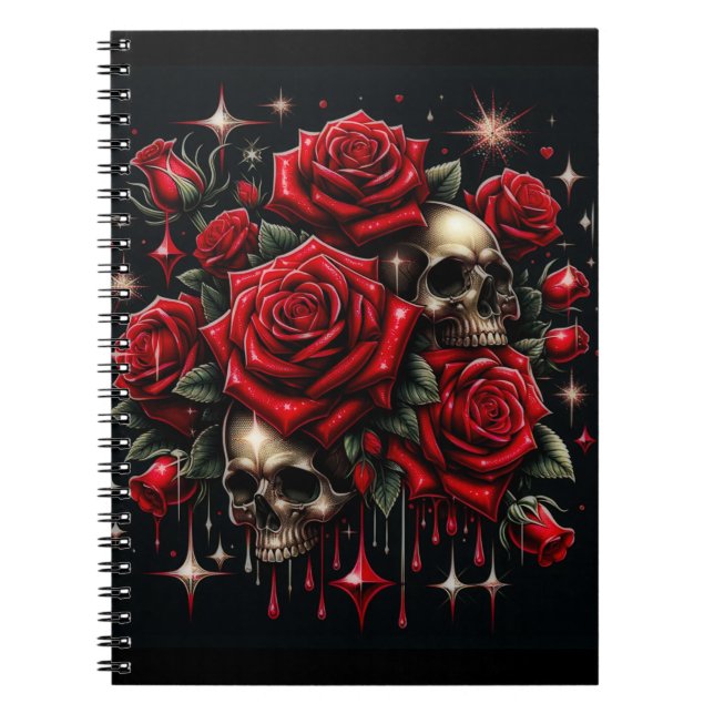 Carnet Crânes dorés et roses rouges scintillent de glamou (Devant)