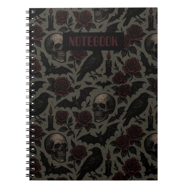 Carnet Crânes gothiques, corbeaux et Motif Rose (Devant)
