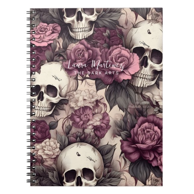 Carnet Crânes gothiques noirs Botaniques florales roses (Devant)