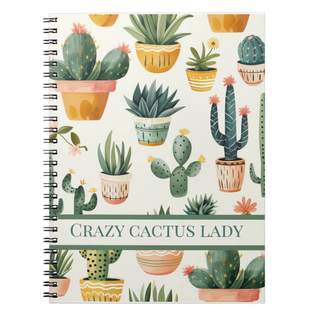 Carnet "Crazy cactus lady ! texte sur un dessin de cactus (Devant)