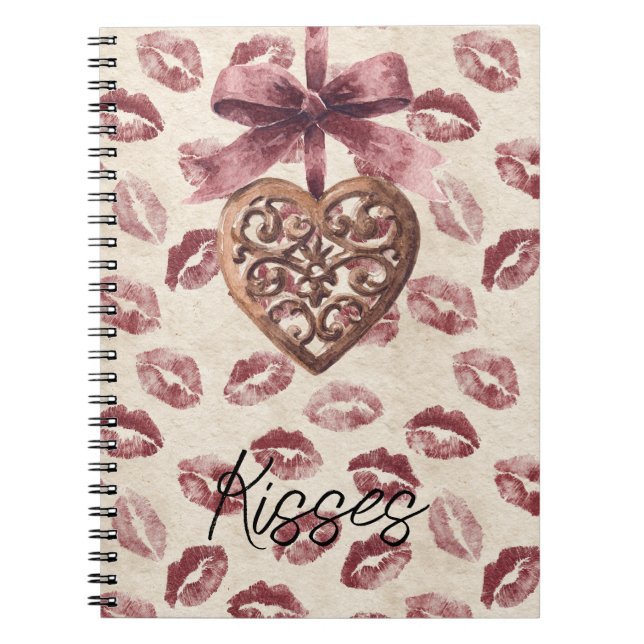 Carnet Cream Burgundy Red Lips Kisses Heart (Devant)