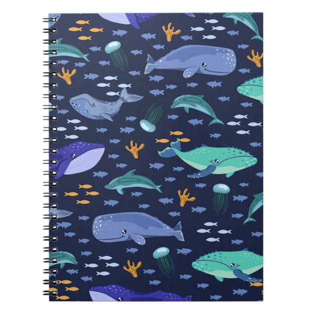 Carnet Créatures marines : baleines, méduses motif. (Devant)