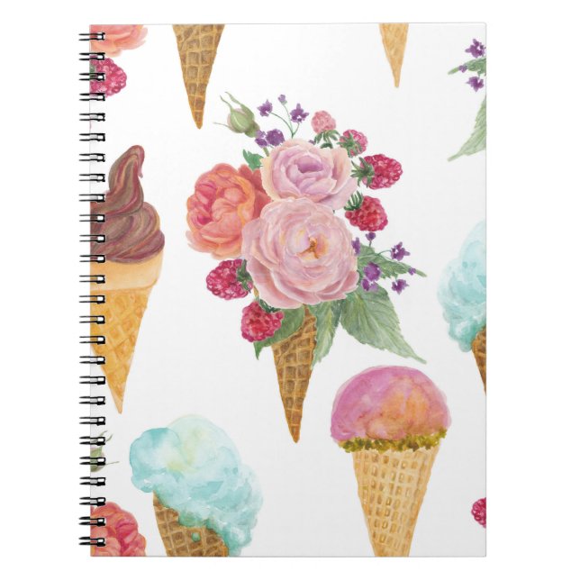 Carnet Crème glacée, framboises : motif aquarelle. (Devant)