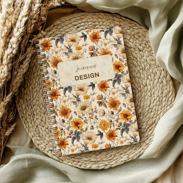 Carnet Crème Orange Marron Fleur Séchée Vintage (Créateur téléchargé)