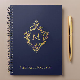 Carnet Crête de monogramme bleu marine Faux or Élégant No