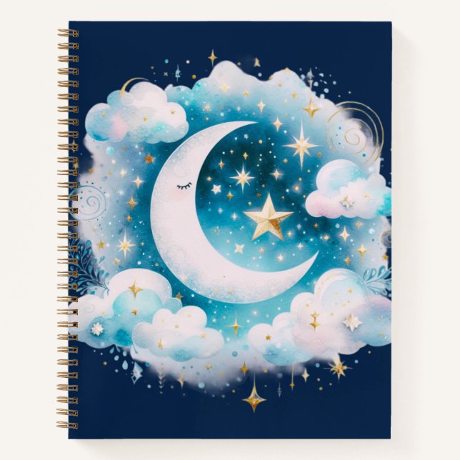 Carnet Croissant de Lune Céleste Bleu et Blanc Bohème Mod (Devant)