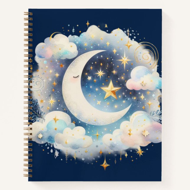 Carnet Croissant de Lune Céleste Bleu et Blanc Bohème Mod (Devant)