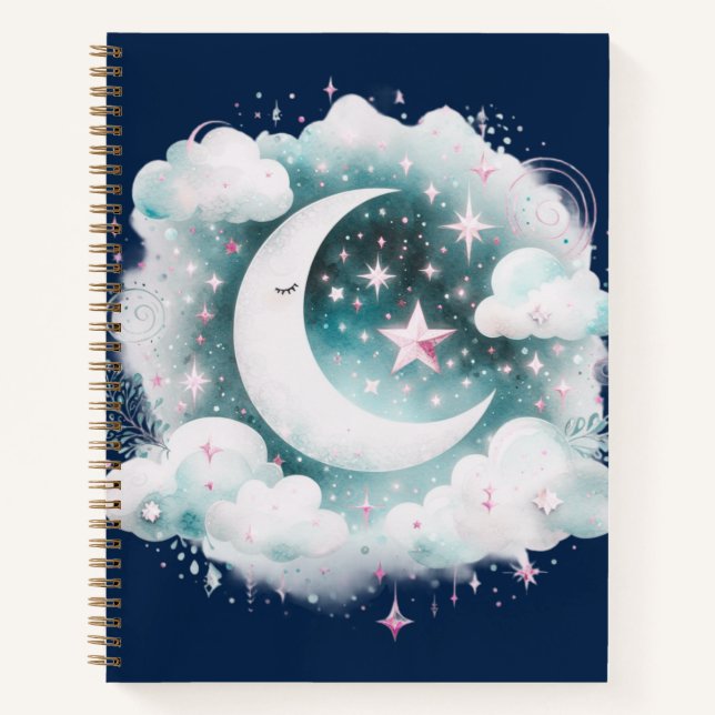 Carnet Croissant de Lune Céleste Bohème Moderne Bleu et B (Devant)