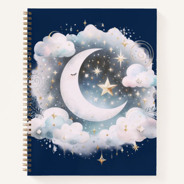 Carnet Croissant de Lune Céleste Bohème Moderne Bleu et B (Devant)