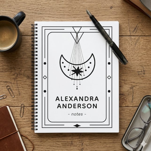 Carnet Croissant de lune céleste encadré géométrique blan (Geometric Framed Celestial Crescent Moon White Notebook)