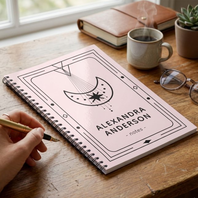 Carnet Croissant de lune étoilé céleste à cadre rose (Geometric Celestial Crescent Moon Pink Notebook)