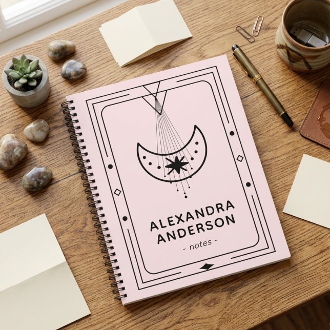 Carnet Croissant de lune rose géométrique céleste (Geometric Celestial Crescent Moon Pink Notebook)
