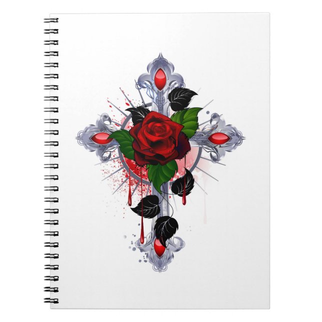 Carnet Croix d'argent avec une rose rouge (Devant)