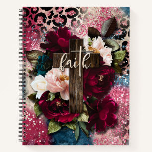Carnet Croix florale sur Parties scintillant bleu rose Em
