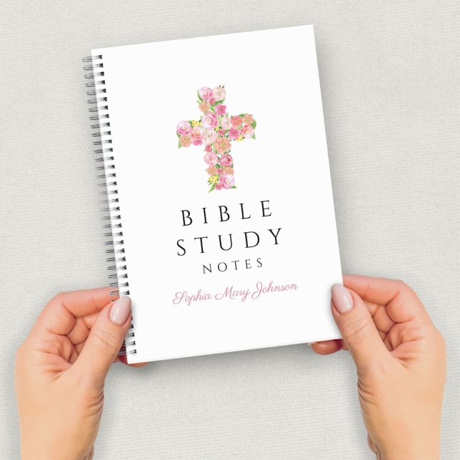 Carnet Croix religieuse rose personnalisée (Personalized Pink Floral Religious Cross Notebook)