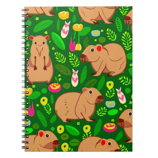 Carnet Croquis Capybara avec fleurs de printemps sur vert (Devant)