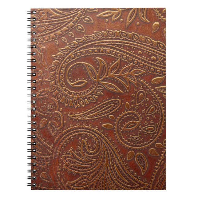 Carnet Cuir Brown, motifs floraux à outils. (Devant)