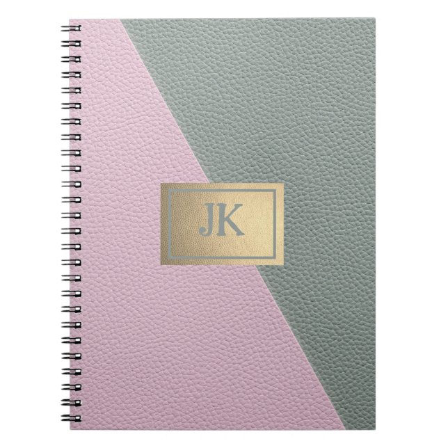 Carnet Cuir Vert Rose Élégant Monogramme   (Devant)