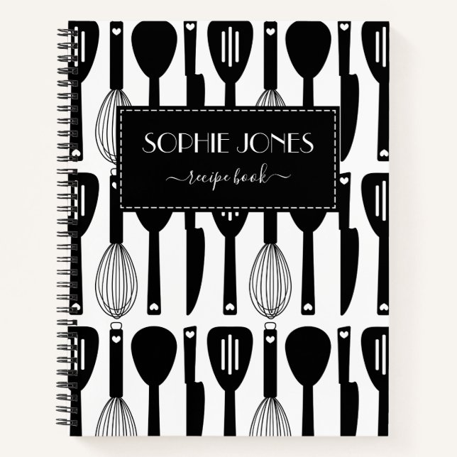 Carnet Cuisine blanche noire Motif Ustensiles de cuisine (Devant)