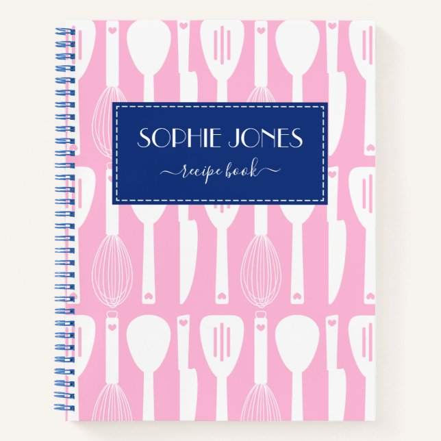 Carnet Cuisine rose Bleu Motif Ustensiles de cuisine (Devant)