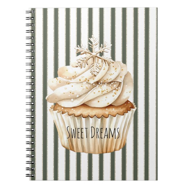 Carnet Cupcake de Noël Olive Crème Rayures Flocon de Neig (Devant)